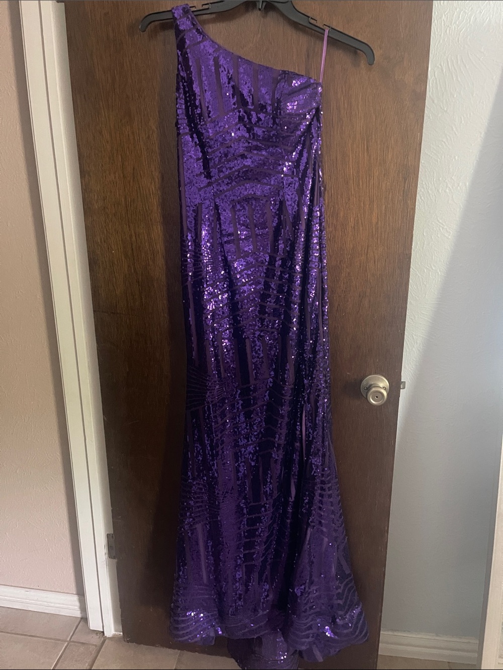 One-Shoulder Purple Sequin Evening Gown